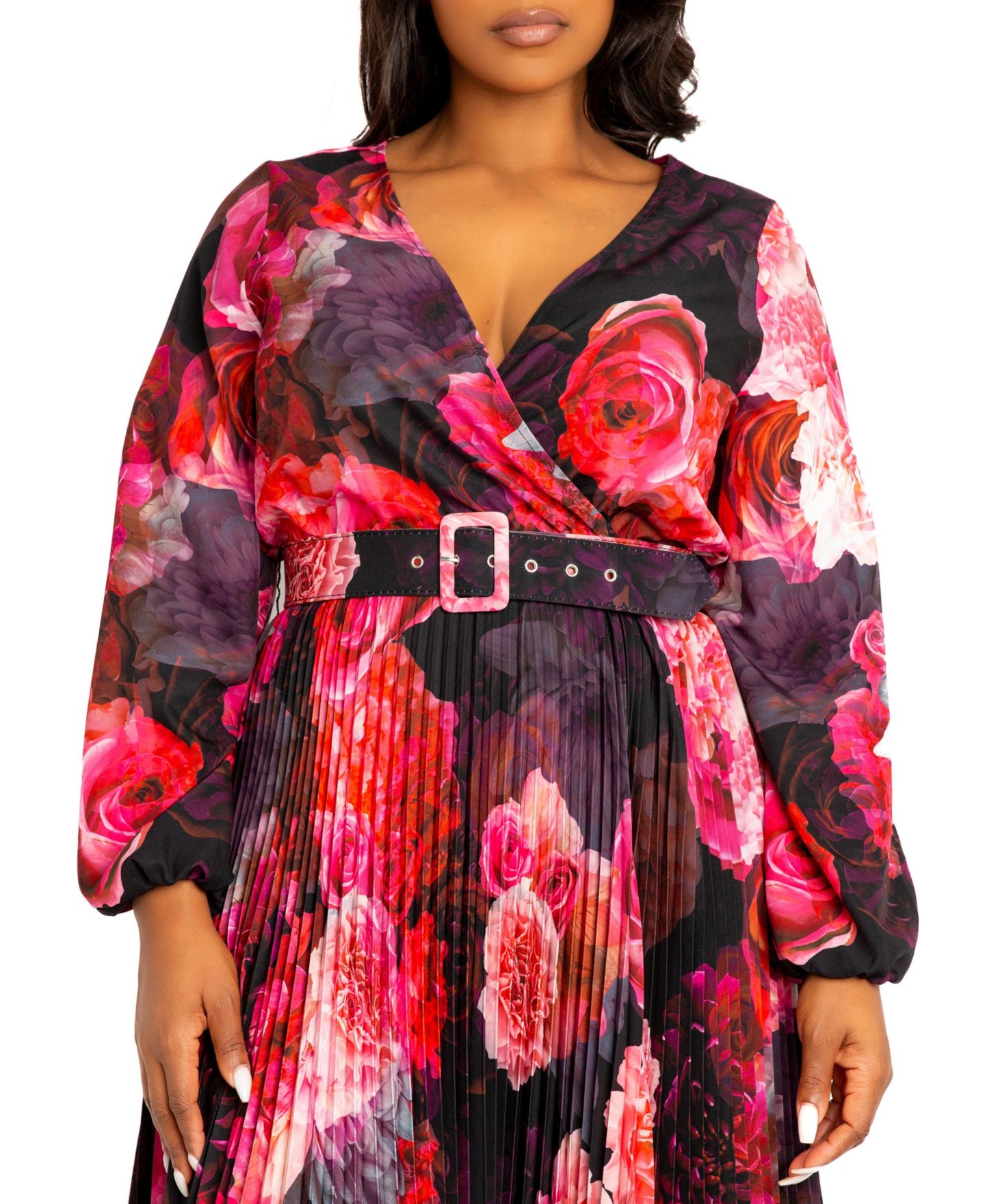 Женское платье Buxom Couture Plus Size Floral Pleated Maxi Dress with Belt, цвет: Чёрный разноцветный — фото 4
