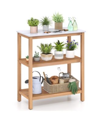 3-Tier Patio Garden Potting Bench Table with Acacia Wood 2 Slatted Shelves