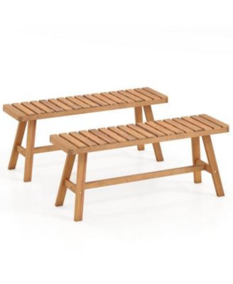 Set of 2 Acacia Wood Outdoor Garden Benches with Slatted Seats