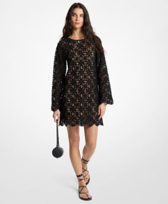 Women's Crochet Crewneck Long-Sleeve Mini Dress