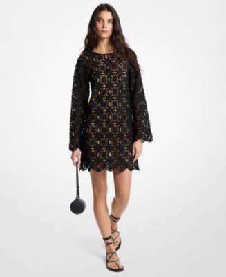 Michael Kors Women's Crochet Crewneck Long-Sleeve Mini Dress - Macy's