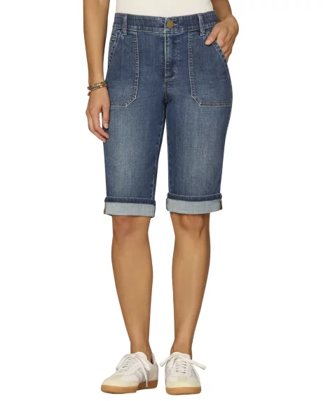 Petite Mid-Rise Uncuffed Button Closure Denim Shorts - Bright Blue