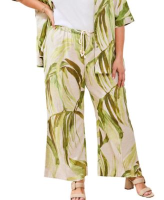 Plus Size Printed Linen Flare Pull-On Ankle Pants