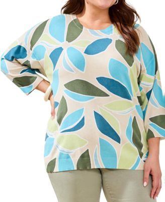 Plus Size Printed 3/4-Sleeve Crew Neck Sweater
