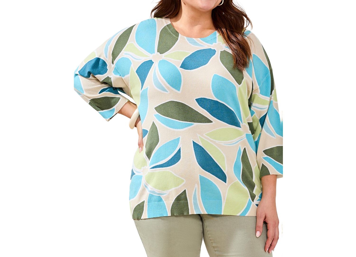 Plus Size Printed 3/4-Sleeve Crew Neck Sweater