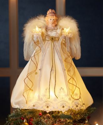 14-Inch Battery-Operated Ivory and Gold LED Angel Treetop