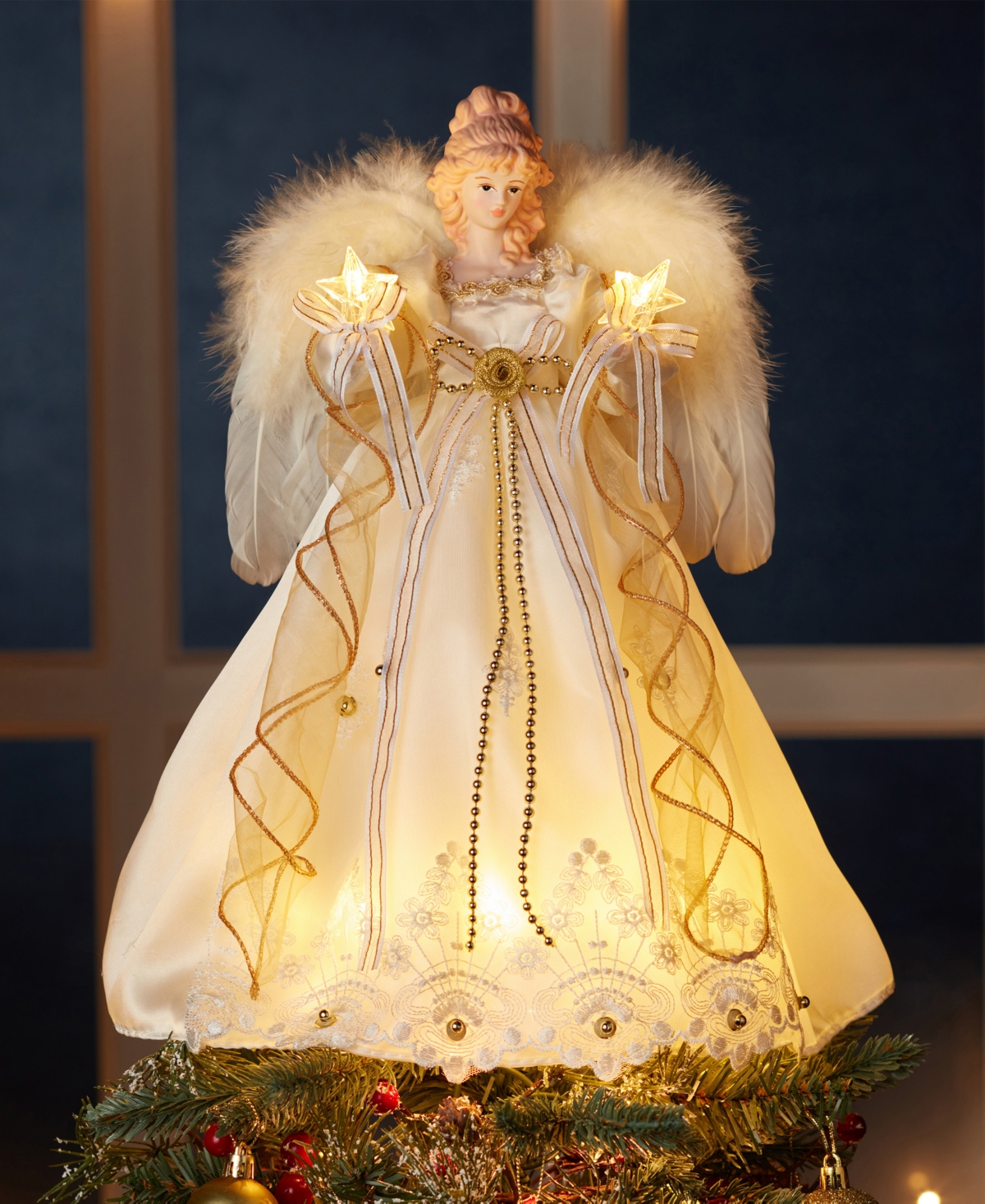 Kurt Adler 14-Inch Battery-Operated Ivory and Gold Led Angel Treetop
