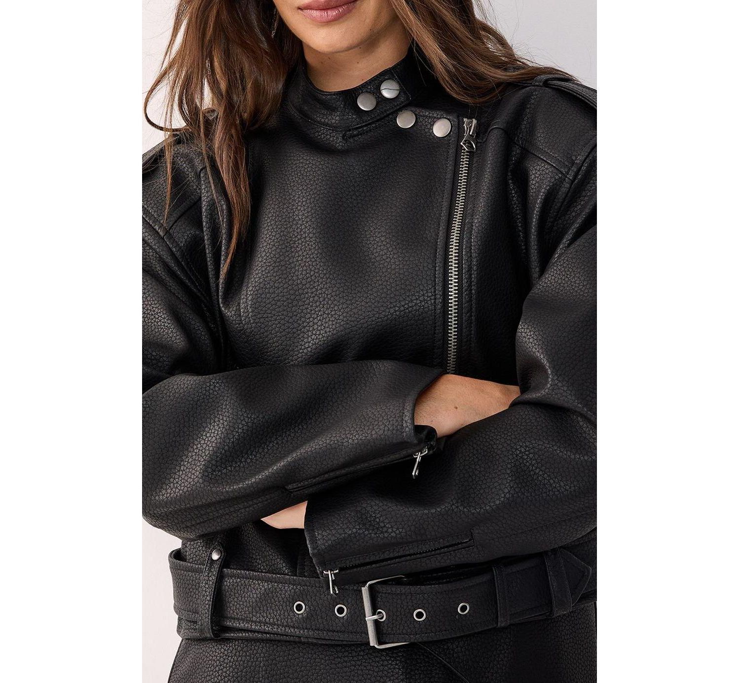 Women's Belted Faux Leather Biker Jacket