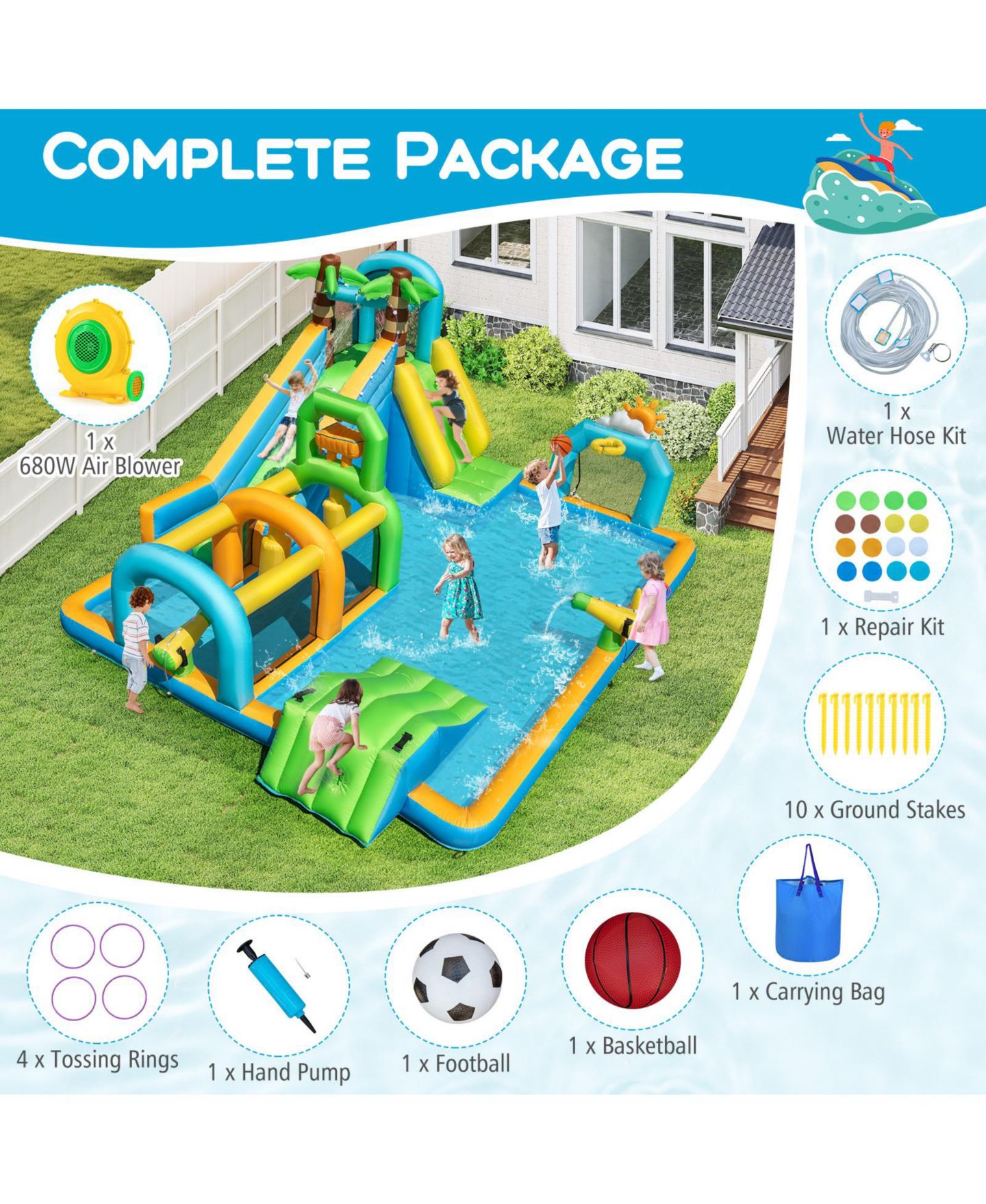 Детская игрушка Mecale Tropical Inflatable Dual Water Slide Aqua Park with 680W Blower Included, цвет: Синий — фото 7