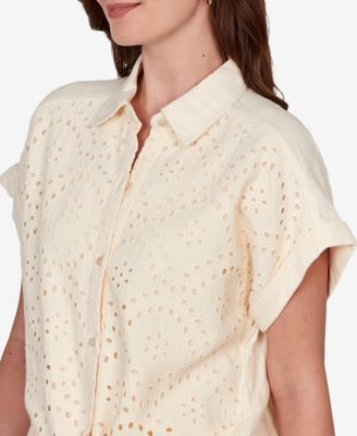 Petite Eyelet Front Gauze Tie-Front Shirt