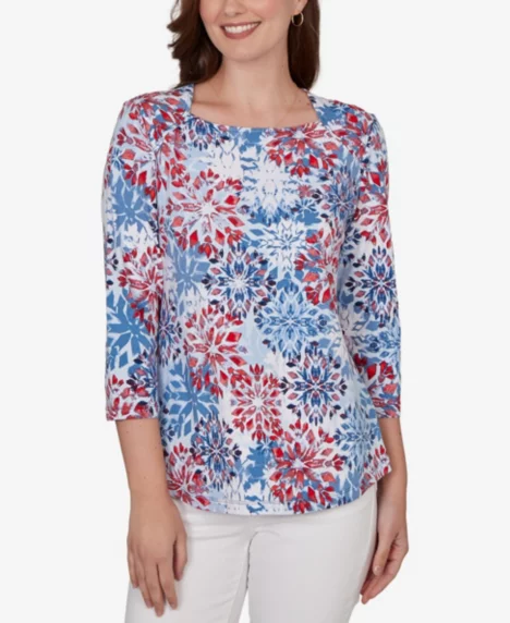 Petite Floral Medallion Knit Top - Porcelain Blue Multi