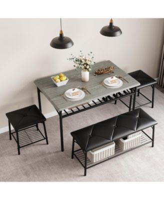 5-Piece Dining Table Set for 4-5 People 43 Inch Extendable Kitchen Table Set with 1 Benche and 2 Square Stools Dining Room Table