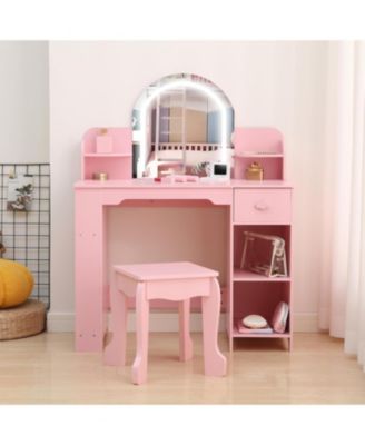 Kids Lighted Mirror Vanity 3–9 Yrs Storage Makeup Table & Stool Set