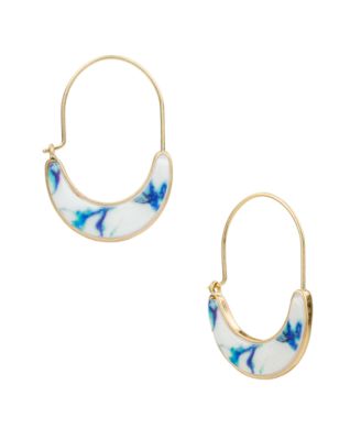 Gold-Tone Plated Blue Ceramic U Hoops Earrings