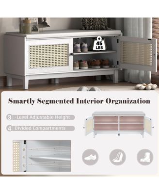 Rattan Shoe Storage Bench, Wooden Shoe Organizer with Cushion, 2 Doors, 2-Tier Shoe Rack and Adjustable Shelves for Entryway, Hallway