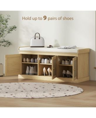 Shoe Storage Bench - Entryway Organizer with Woven Rattan Doors, Adjustable Shelves and Removable Cushion Cover for Hallway
