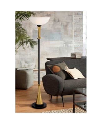 Burbank Modern Art Deco Torchiere Floor Lamp 70" Tall Black Brass Frosted White Glass Shade for Living Room Bedroom Office House