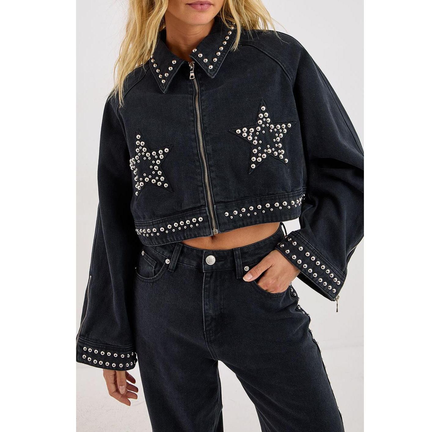 Женская куртка Nasty Gal Studded Denim Jacket, цвет: Потёртый чёрный — фото 4