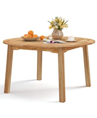 Round Patio Dining Table Acacia Wood Outdoor Dining Table w/ 2'' Umbrella Hole