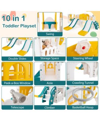 10-in-1 Toddler Slide and Swing Set with 2 Slides and Tunnel