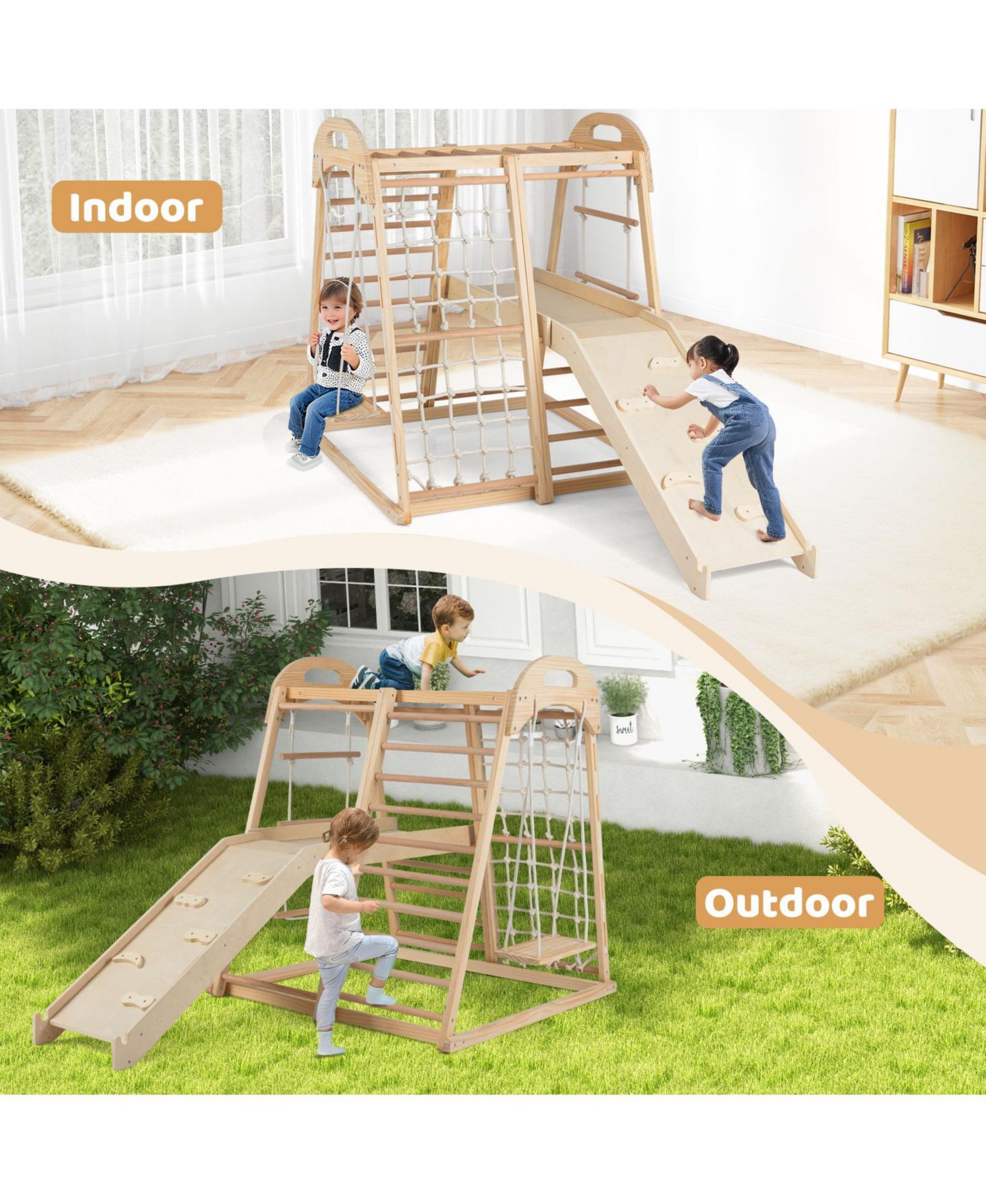 Детская игрушка Mecale 8-in-1 Montessori Wooden Jungle Gym Climber with Slide, Monkey Bars & Climbing Net, Ages 3-5, цвет: Коричневый — фото 8