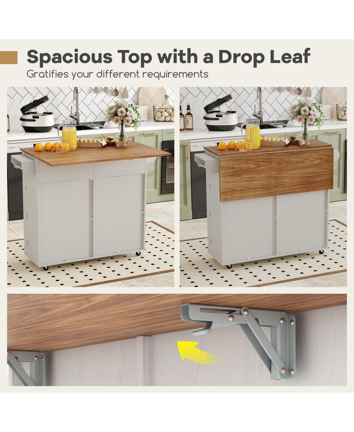 Volenca Wood Rolling Kitchen Island Cart with Trash Can Cabinet, Storage Shelves & Rubber Wheels