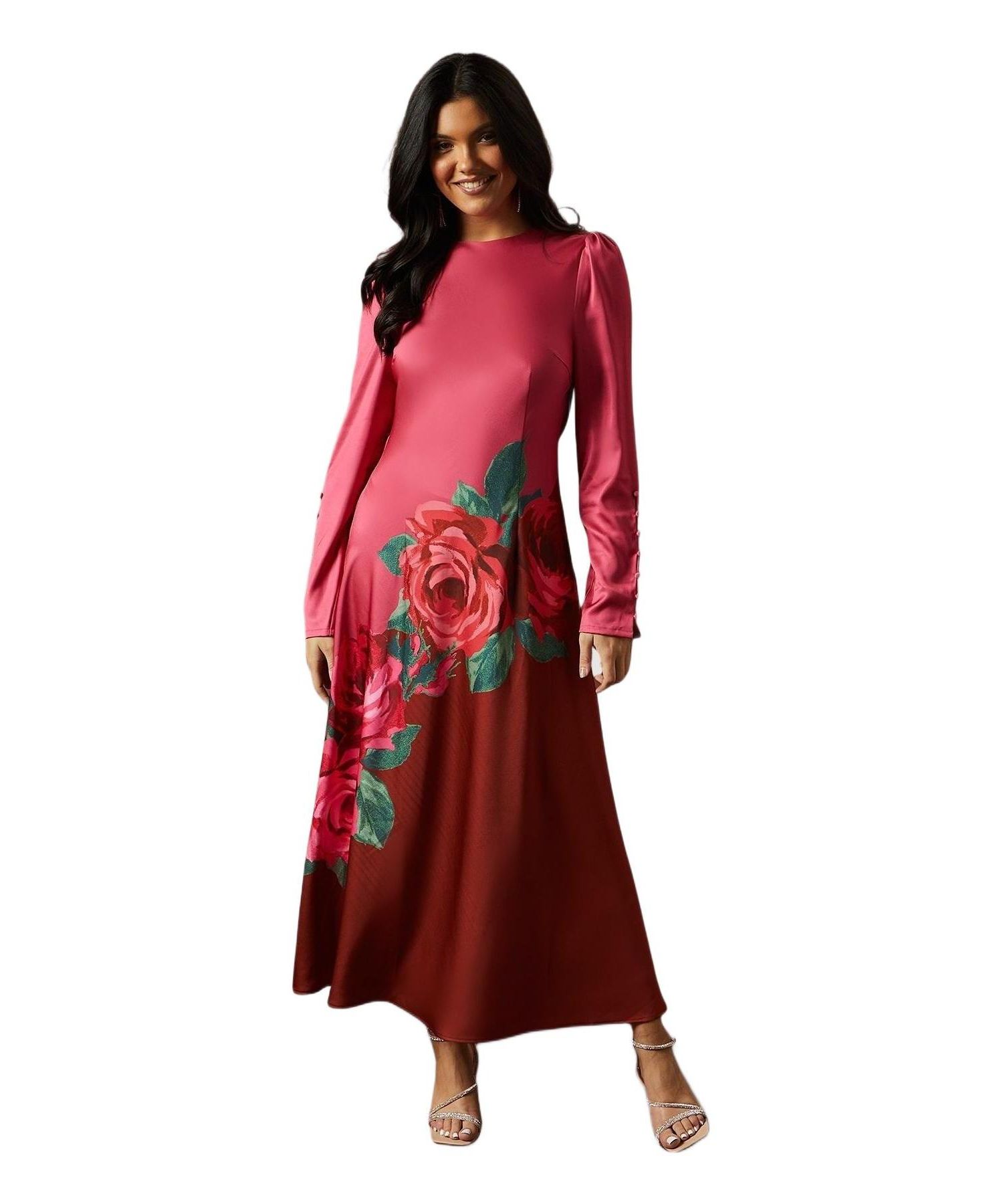 Women's Premium Satin Placement Print Maxi Dress