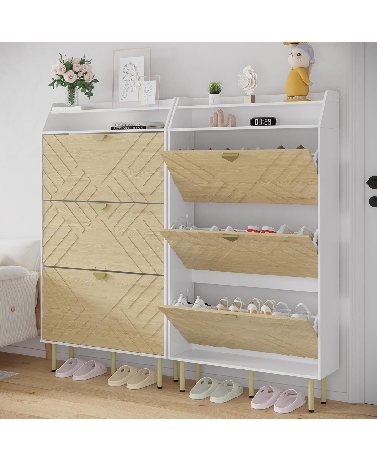 gaomon Shoe Cabinet with 3 Flip Drawers, Narrow Slim Shoe Storage Organizer, Farmhouse Freestanding Hidden Shoe Rack, White Wood Grain