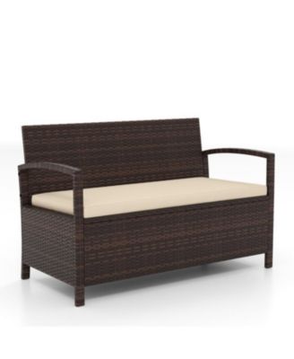 2-Seat PE Wicker Patio Storage Bench with Cushion and Deck Box