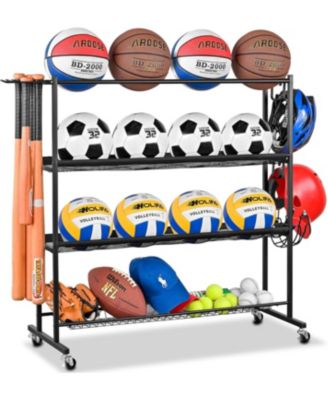 Basketball Rack, Ball Storage with Baseball Bat Holder, Rolling Ball rack with Removable Nylon Mesh for Various Ball Sizes