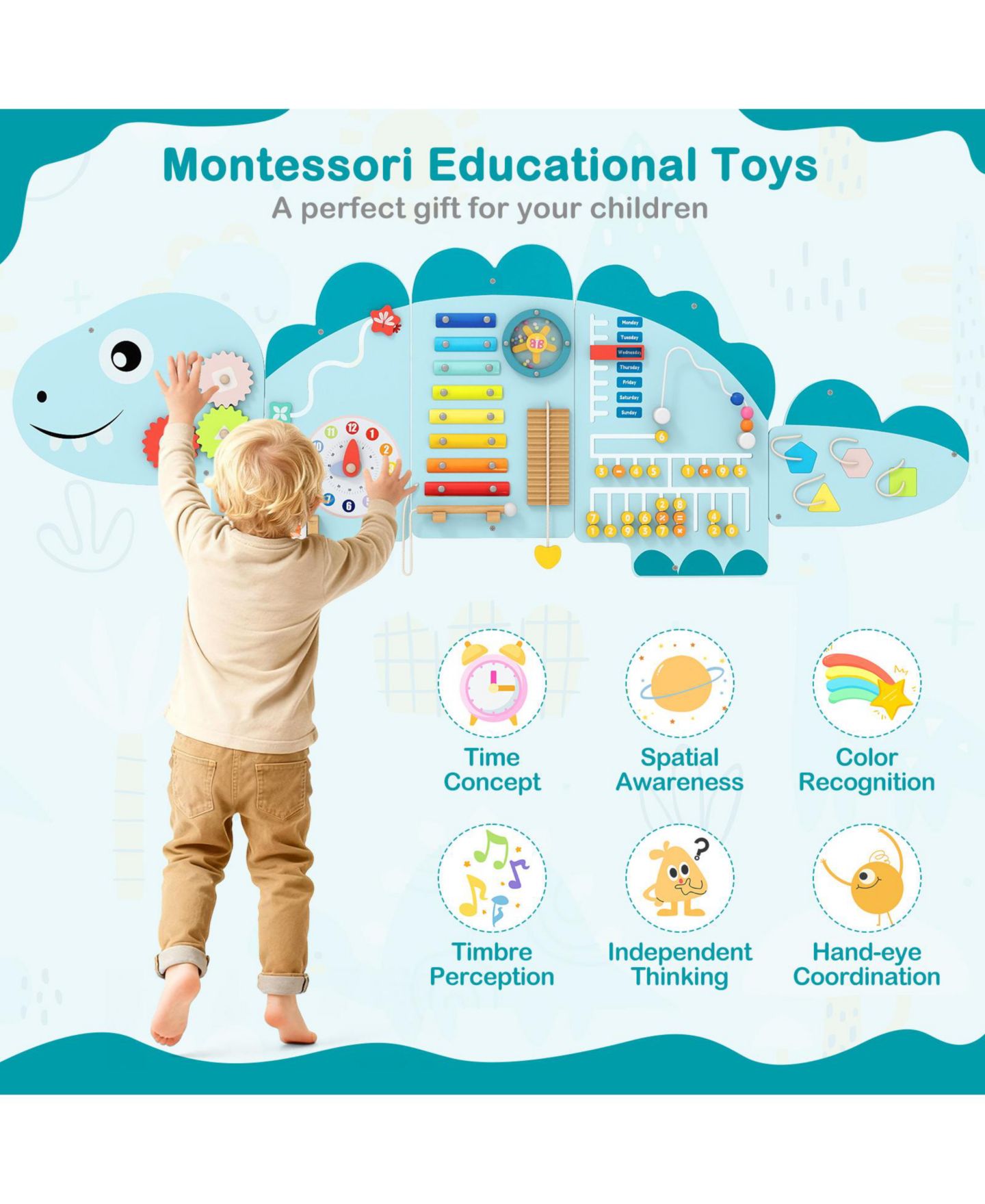 Детская игрушка Mecale 11-in-1 Montessori Activity-Wall Busy Board, Ages 3+, цвет: Синий — фото 5
