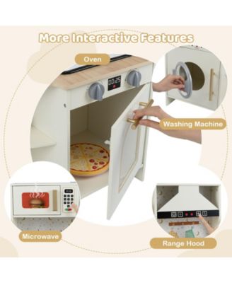 Kids Play Kitchen, Wooden Corner Kitchen Playset with Working Faucet & Sink