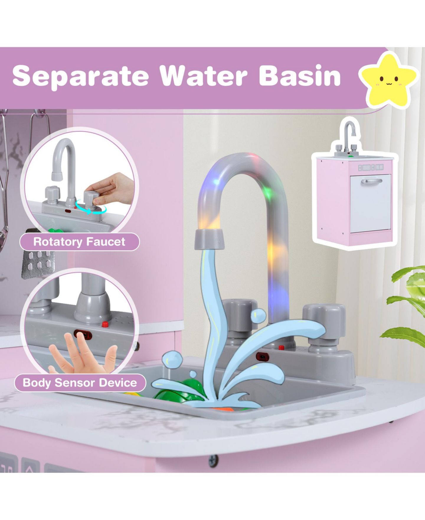 Детский игровой набор Mecale Separate Washing Basin Kids Corner Kitchen Playset, Ages 3+, цвет: Розовый — фото 4