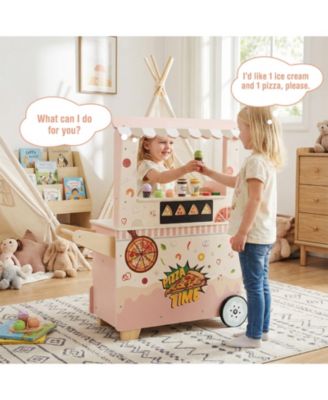Kids Pizza Food Truck Wooden Pretend Snack Cart with Oven for Fun Role Play