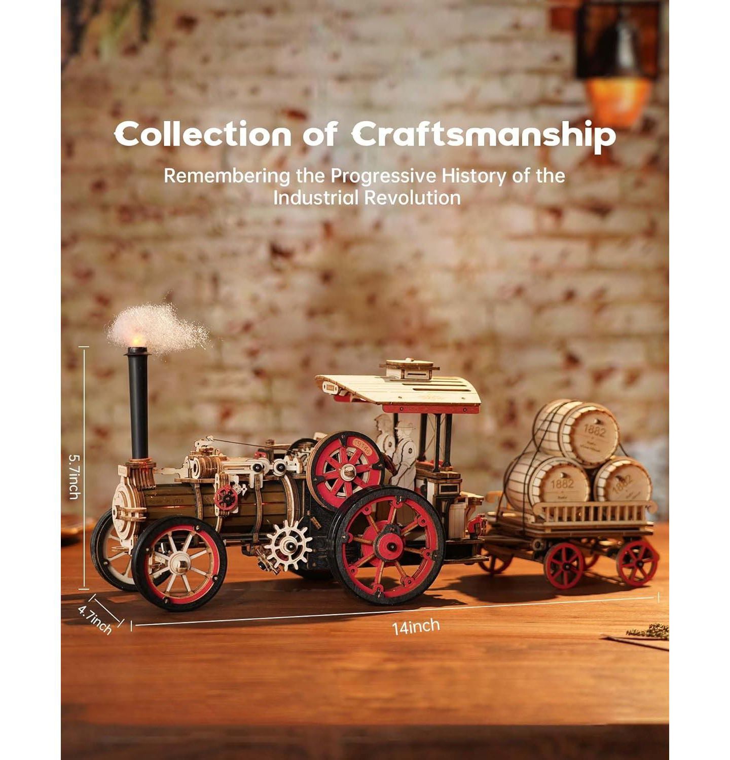 Детские конструкторы Robotime Vintage Steam Tractor 469-Piece 3D Wooden Puzzle, Ages 14+, цвет: Бежевый — фото 2