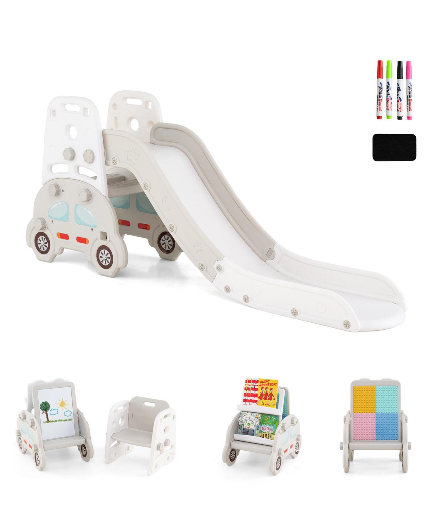 Toddler 5-in-1 Indoor Playground Slide Set with Easel, Stool and Book Rack