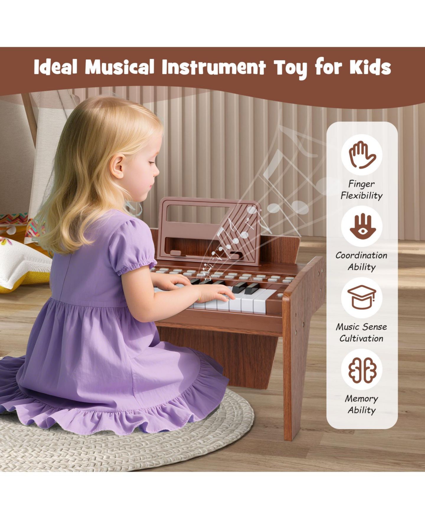 Детская игрушка Mecale 25-Key Children's Piano Keyboard with Light-Up Teaching Mode, Adjustable Speed & Volume, Ages 3+, цвет: Коричневый — фото 9