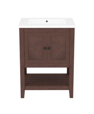 24" Bathroom Vanity with Ceramic Sink, Solid Wood Frame, Open Shelf Storage for Modern Small Spaces