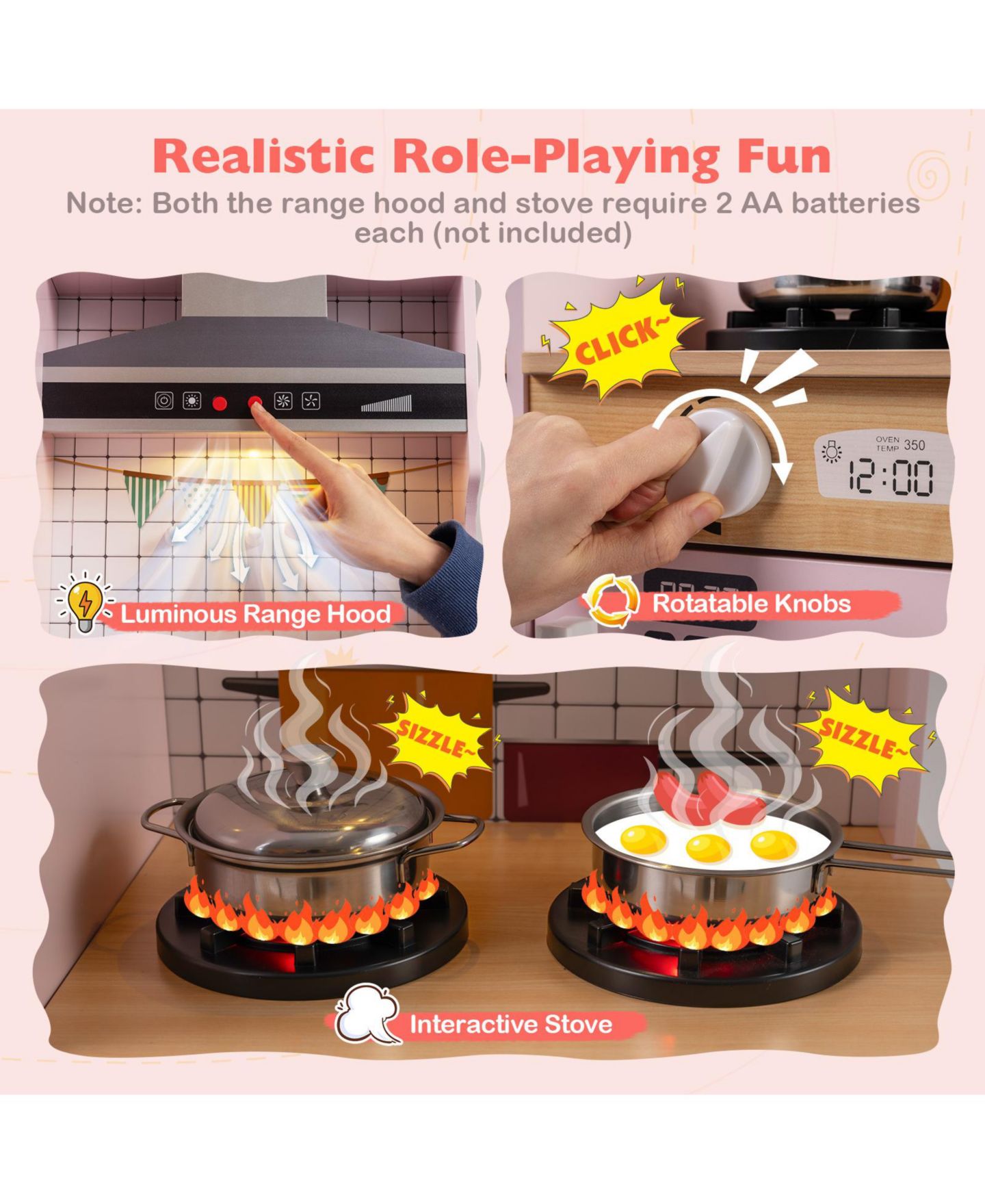 Детские игрушки Mecale Dual-Sided Kids Play Kitchen with Water Dispenser, 10-Piece Set, Ages 3+, цвет: Розовый — фото 6