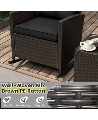 3 PCS Patio Wicker Rocking Set with Tempered Glass Table and Soft Cushions Outdoor