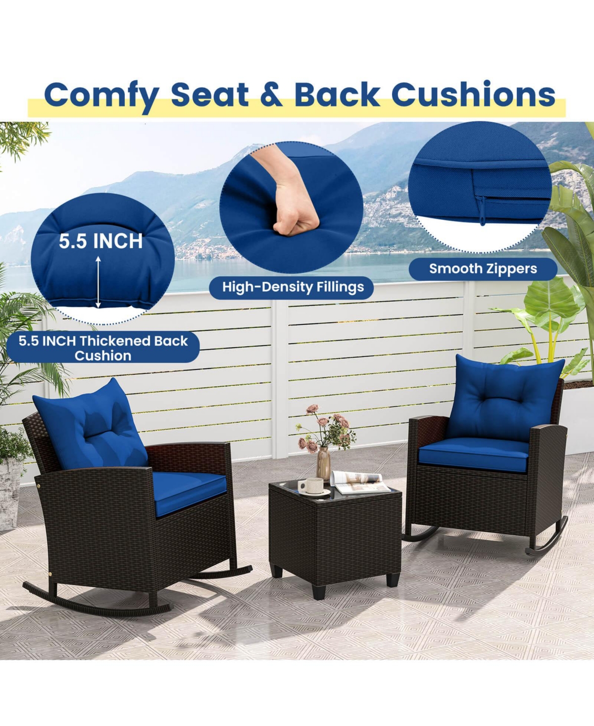 3 Pcs Patio Wicker Rocking Set with Tempered Glass Table & Soft Cushions Outdoor