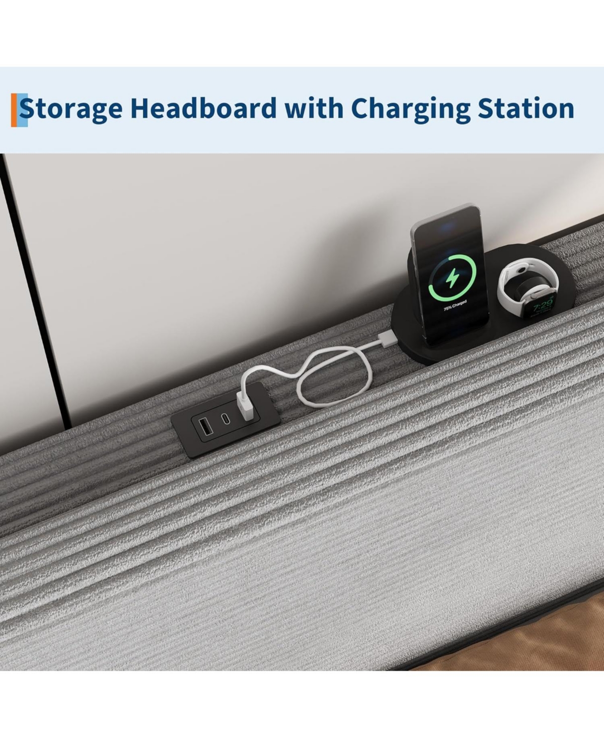 gaomon Bed Frame with Charging Station, Corduroy Upholstered Platform Bed Frame with Headboard and Storage Shelf, Solid Wood Slats