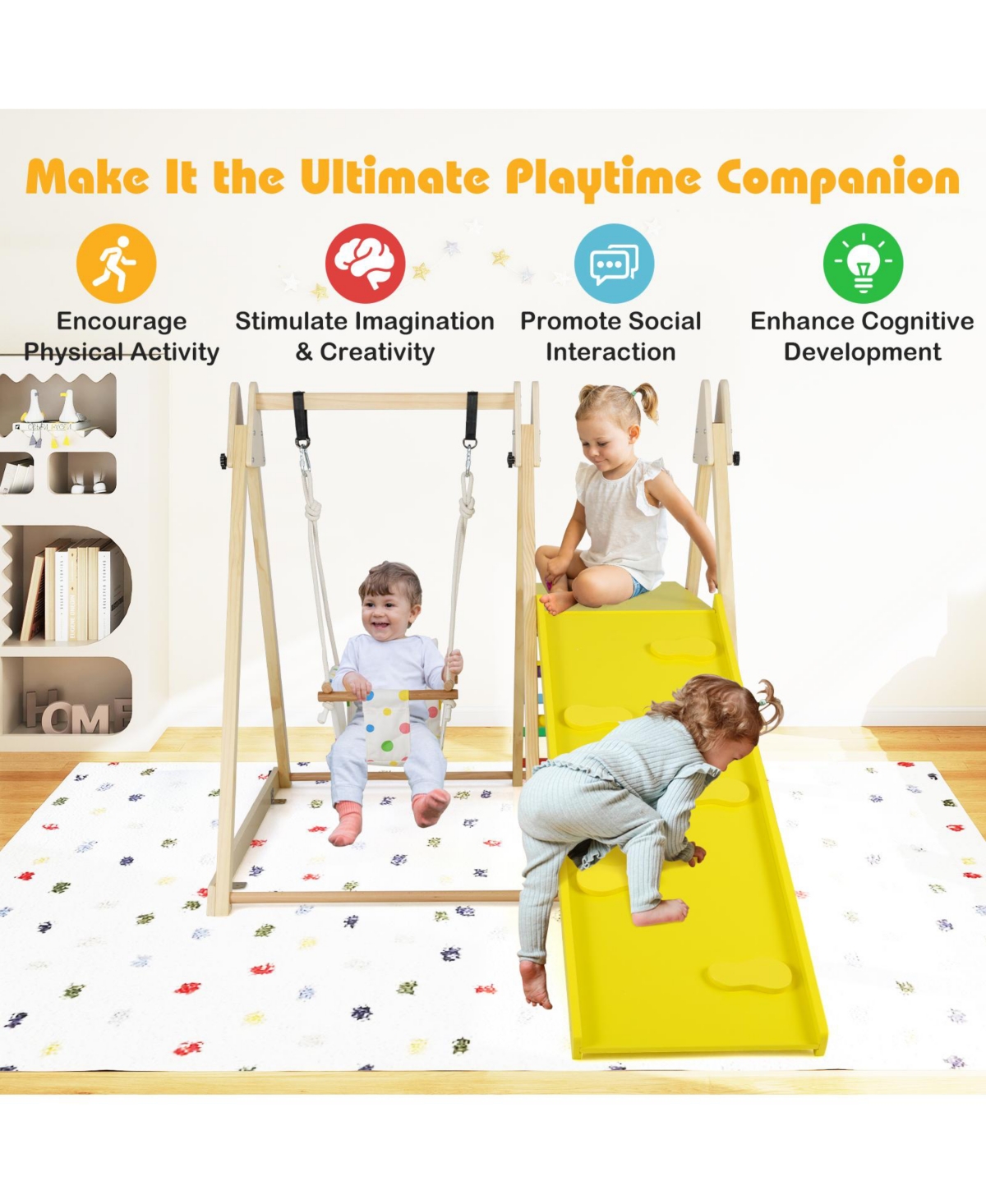 Mecale 4-in-1 Indoor Jungle Gym with Baby Swing and Climbing Ramp for Toddlers
