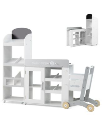 Kids Grocery Store Playset, Convertible Wooden Play Store with Shopping Cart for Pretend Play