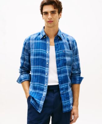 Men's Linen Summer Madras Plaid Shirt