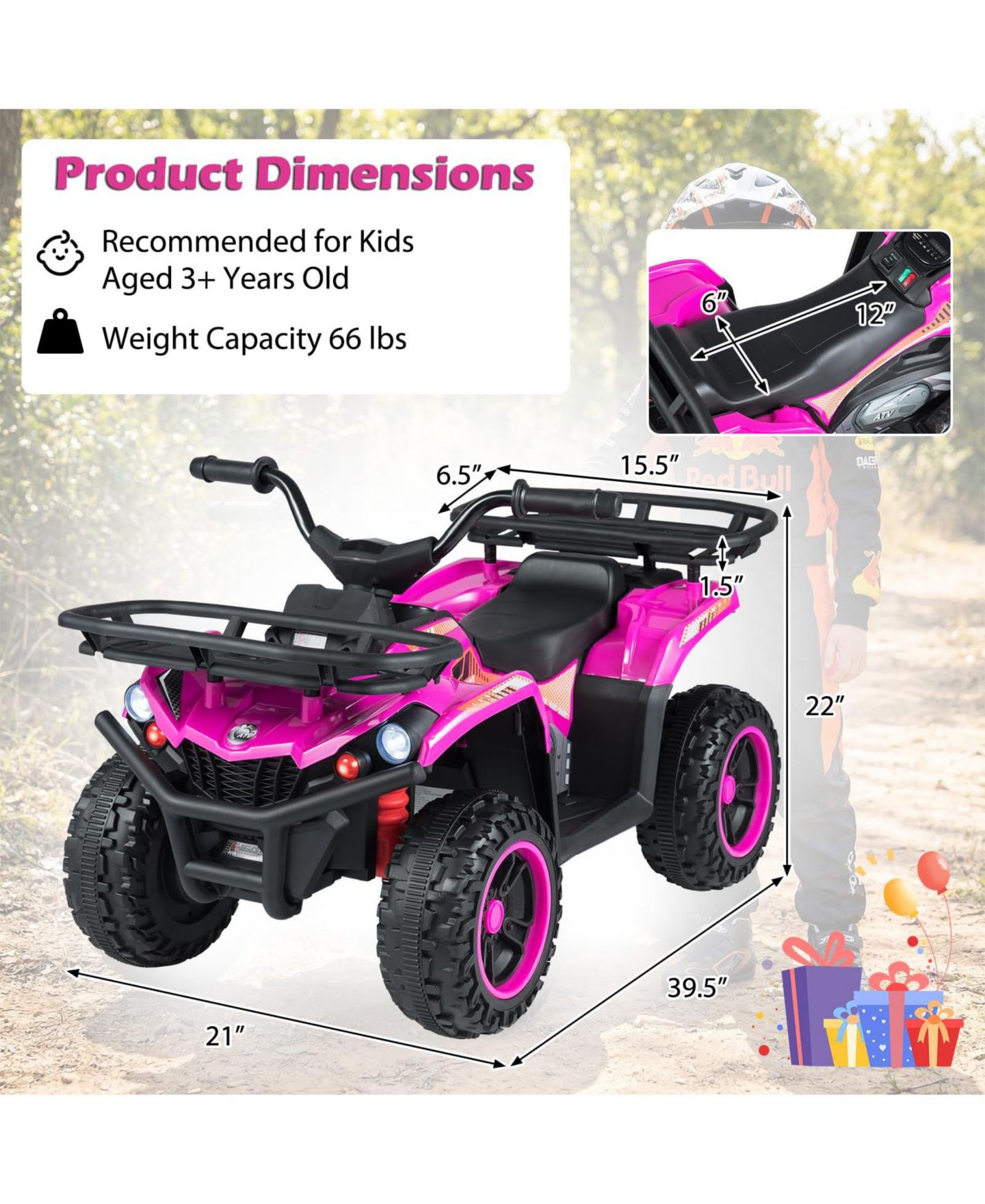 Детская игрушка Mecale 24V Electric Ride On Quad with LED Headlights, цвет: Розовый — фото 3