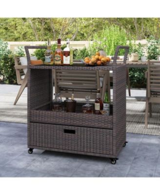 Patio Wicker Bar Cart with Durable Tempered Glass Tabletop