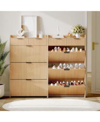 Wave Design Shoe Cabinet with 3 Slip Drawers, 2 Drawers, Raised Edges, Fluted Shoe Cabinet, Slim Hidden Shoe Organizer, Wooden Shoe Storage