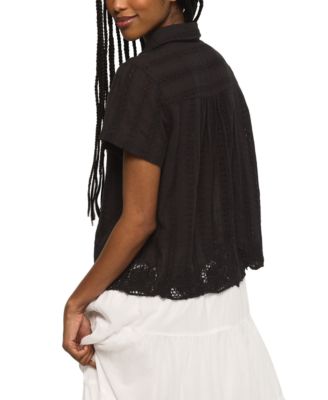 Women's Lace Short-Sleeve Boyfriend Button-Down Shirt