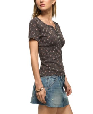 Women's Crochet Trim Short-Sleeve Henley Top